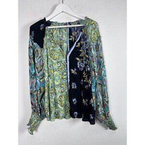 Free People Womens Gemini Mixed Print Blouse Top Large Boho Button Front Multi